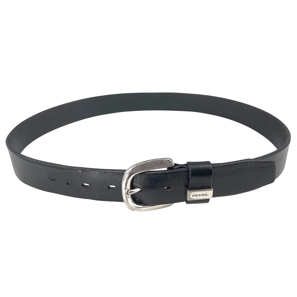 Fossil Mens Black‎ Leather Belt Silver Logo Buckle Size L fits 31-36  Rugged